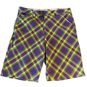 Royal & Awesome Mardi‎ Gras purple plaid golf shorts. EUC. 34